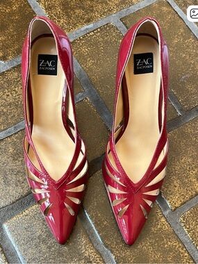 In search of Zac Posen red patent caged, pointy toe heels